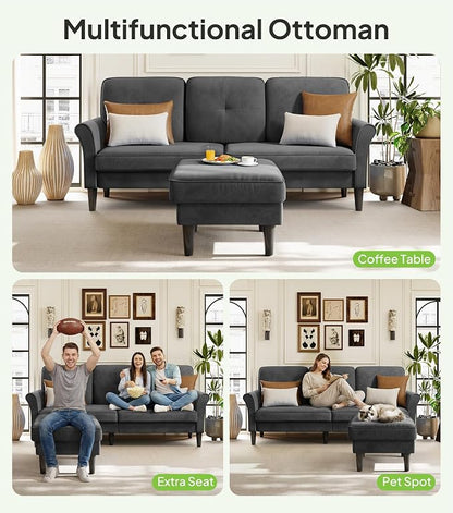 Welzona Sofas for Living Room, 83" Velvet Sectional Couch with Moveable Ottoman, Midcentury Modern Small Sectional Couch, L Shape Sofa & 2 Seater, Couches for Living Room, Apartment, Bedroom, Grey