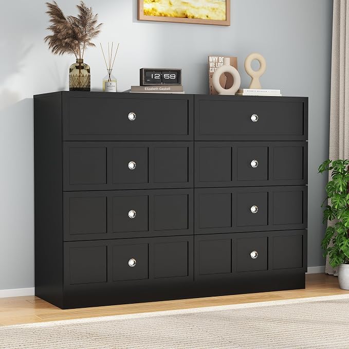 8 Drawer Dresser for Bedroom: 47" Fluted Black Dresser Deep Drawers, Modern Chest of Drawers for Bedroom, Fluted Wood Dressers for Living Room, Hallway