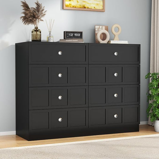 8 Drawer Dresser for Bedroom: 47" Fluted Black Dresser Deep Drawers, Modern Chest of Drawers for Bedroom, Fluted Wood Dressers for Living Room, Hallway