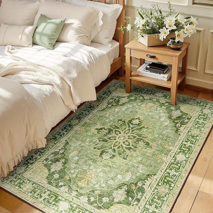 RELEANY Area Rugs 3'x5' Washable Non-Slip, Floral Vintage Distress Medallion Carpet for Living Room Bedroom Dining Room, Sage Green Yellow