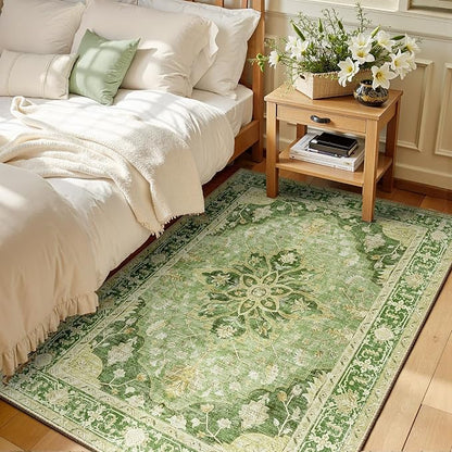 RELEANY Area Rugs 3'x5' Washable Non-Slip, Floral Vintage Distress Medallion Carpet for Living Room Bedroom Dining Room, Sage Green Yellow