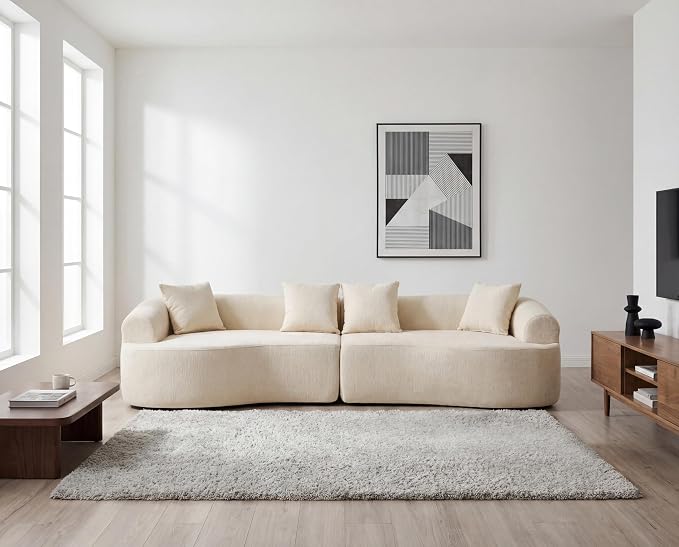 Curved Boneless Sofa Couches 4-Seat Tight Backrest Couch for Living Room Bedroom, Boneless Cloud Sofa with 4 Pillows, Floor Sofa in A Box No Assembly Required