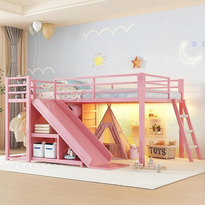 Bellemave Twin Size Loft Bed with 7 Non-Woven Fabric Drawers, Shelves and Wardrobe, Twin Loft Bed with Detachable Slide and Ladders, Low Profile Loft Beds with Lights, Noise Reduced Design Pink