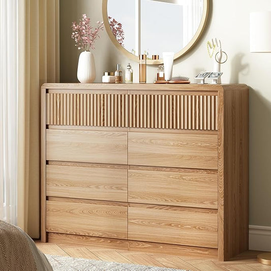 LYNSOM 8 Drawer Dresser for Bedroom, 50" Wide Fluted Dresser with Curved Corners, Wood Dressers & Chests of Drawers with Dual-Panel Design for Bedroom, Entryway, Oak