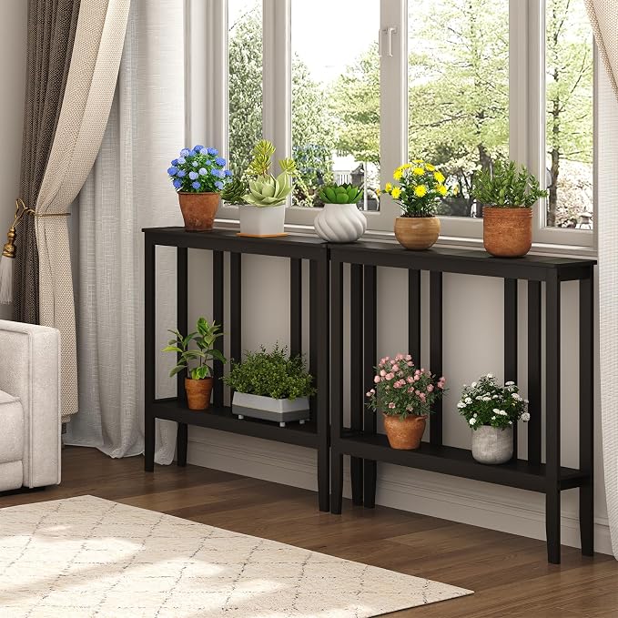 ELYKEN Bamboo 2-Tier Narrow Console Table, 36.2" Long Slim Sofa Table Behind Couch for Entryway, Hallway, Living Room, Brown