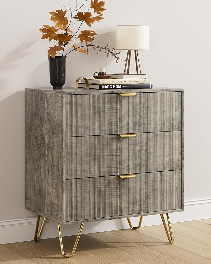 Grey Dresser for Bedroom, Modern Fluted 3 Drawer Dresser with Storage, Dresser Chest of Drawers with Gold Handles for Bedroom, Living Room, Closet, Hallway, 15.8" D x 23.6" W x 27.6" H