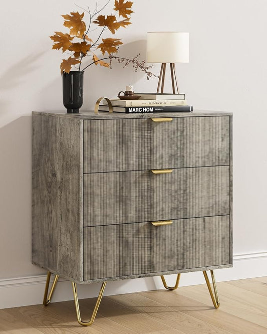 Grey Dresser for Bedroom, Modern Fluted 3 Drawer Dresser with Storage, Dresser Chest of Drawers with Gold Handles for Bedroom, Living Room, Closet, Hallway, 15.8" D x 23.6" W x 27.6" H