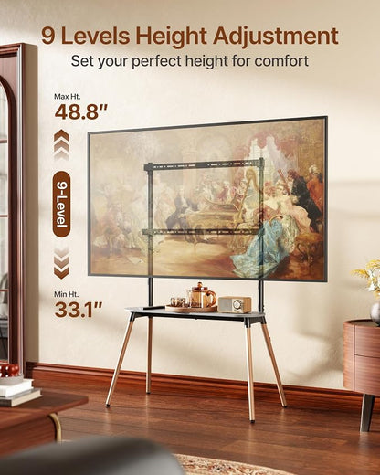 Easel Floor TV Stand with Storage for 49-86 inch TVs, Height Adjustable 4-Leg Universal TV Stand with Cable Management & Protective Pads, Holds 110 lbs for Living Room, Office, School, Black
