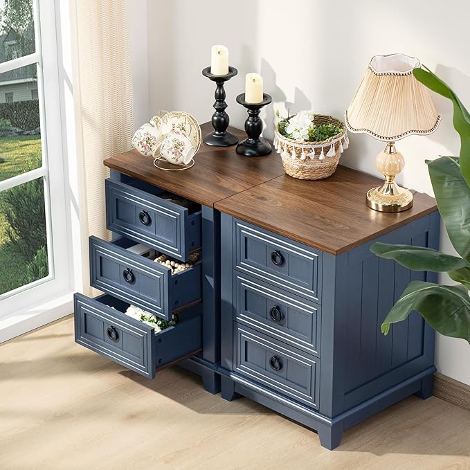 Joaxswe Night Stand Set of 2, Farmhouse 18" End Table with 3 Drawer Metal Handle, Dresser for Bedroom, Sofa Bed Side Table Chest of Drawers,Wood Nightstand Cabinet for Organizer, Living Room-Blue