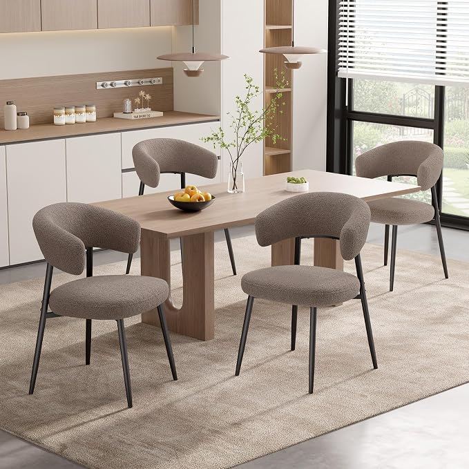 Dining Chairs Set of 2, Mid Century Modern Kitchen Chairs, Boucle Upholstered Dining Chair with Curved Backrest & Metal Legs for Kitchen Dining Room, Brown