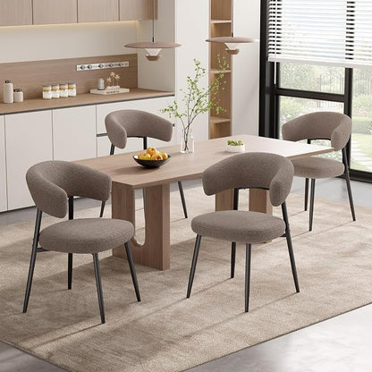 Dining Chairs Set of 6, Mid Century Modern Kitchen Chairs, Boucle Upholstered Dining Chair with Curved Backrest & Metal Legs for Kitchen Dining Room, Brown