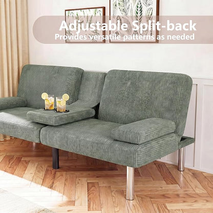 Flamaker Futon Sofa Bed Corduroy Folding Couch Adjustable Sleeper Sofa Bed for Small Apartment Upholstered Living Room Furniture Set with 2 Cup Holders Removable Armrests (Corduroy, Green)