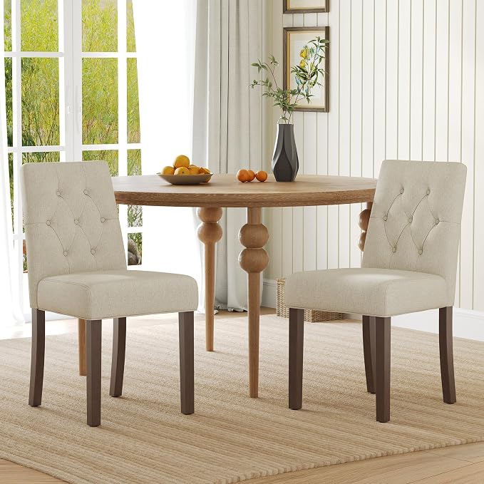 Upholstered Dining Chairs Set of 2 - Modern Parsons Kitchen & Dining Room Chair with Diamond Tufted Back, Solid Wooden Legs for Apartment, Café, Vanity
