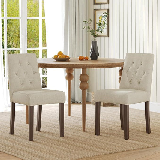 Upholstered Dining Chairs Set of 2 - Modern Parsons Kitchen & Dining Room Chair with Diamond Tufted Back, Solid Wooden Legs for Apartment, Café, Vanity