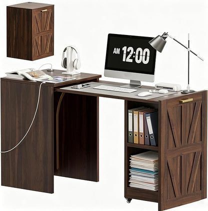 Foldable Desk with Charging Station, Rolling Home Office Desk with Storage Shelf, Pull-Out Computer Table for Small Spaces, Bedrooms, Apartments, and Dorms, Walnut
