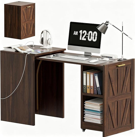 Foldable Desk with Charging Station, Rolling Home Office Desk with Storage Shelf, Pull-Out Computer Table for Small Spaces, Bedrooms, Apartments, and Dorms, Walnut
