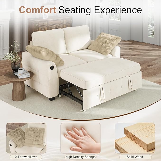 Hanherry 59" Loveseat Sofa with Pull Out Couch Bed, Chenille 2-in-1 Convertible 2 Seater Sleeper Sofa with USB Charging,Comfy Love Seat for Small Spaces Living Room Apartment