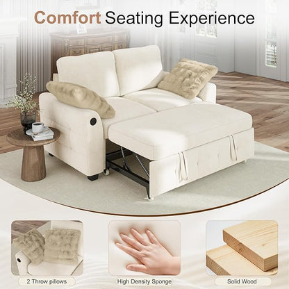 Hanherry 59" Loveseat Sofa with Pull Out Couch Bed, Chenille 2-in-1 Convertible 2 Seater Sleeper Sofa with USB Charging,Comfy Love Seat for Small Spaces Living Room Apartment