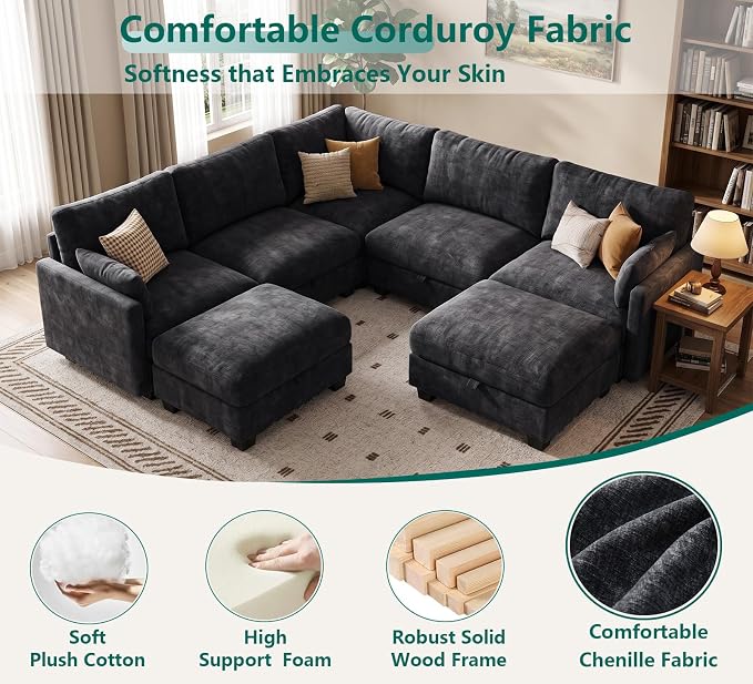 Modular Sectional V Shaped Sofa Couches for Living Room, Cloud Couch with Storage Ottoman, Comfy Chenille Sofa with Pillow, Black