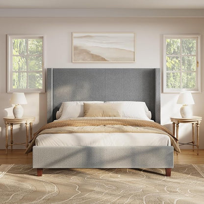 HOWE King Size Bed Frame with 50.8 Inch Corduroy Wingback Headboard, Gray | Modern Upholstered Platform Bed, Solid Wood Slats, No Box Spring Needed, Noise-Reducing Design