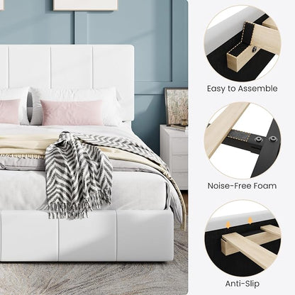 SHA CERLIN Queen Bed Frame, Velvet Upholstered Platform Bed Frame, Vertical Channel Tufted Adjustable Headboard, Low Profile Bed Frame, No Box Spring Needed, Easy Assembly, White