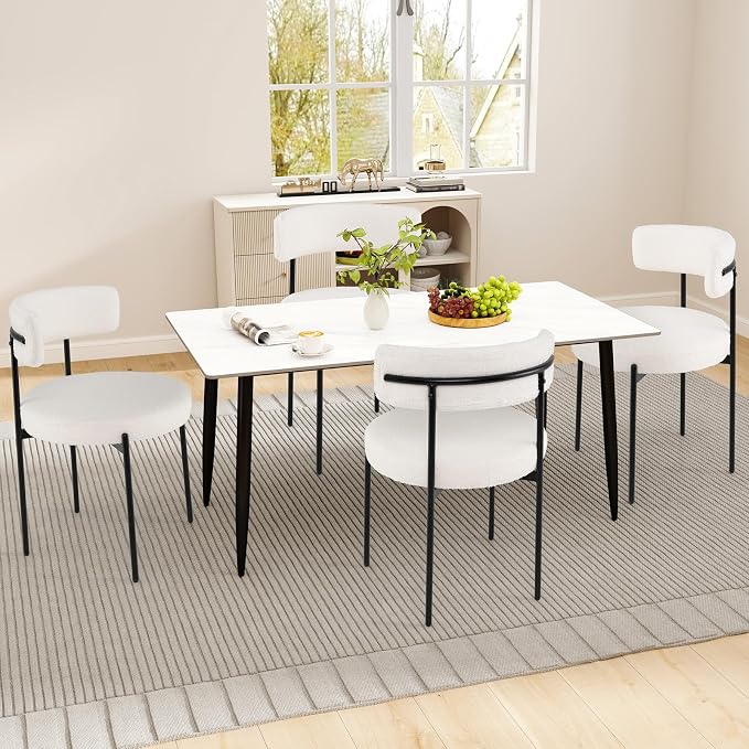 Giantex Sherpa Dining Chairs Set of 4, Upholstered Round Kitchen Chairs with Curved Backrest & Metal Legs, Modern Armless Side Chairs, White Boucle Accent Chairs for Dining Room, Living Room