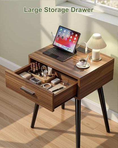 HAIOOU Nightstands Set of 2 with Charging Station, Mid Century Modern Bedside Table, End Table with Drawer Storage, Solid Pine Wood Legs, Walnut Night Stand for Bedroom Living Room