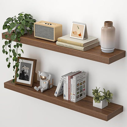 Heimlove Floating Shelves for Wall 32 Inch,Mounted Storage Wood Shelves with Invisible Brackets Hanging Shelf for Bedroom Living Room Kitchen Office,Set of 2,Walnut Color
