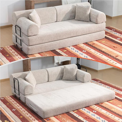 78.8" Memory Foam Boneless Couch, Corduroy Floor Sofa Bed, Convertible Sleeper Futon Loveseat, Wide Armrests & Back Support, Supports Up to 1200 lbs, Couch in a Box with 2 Pillows, Light Camel