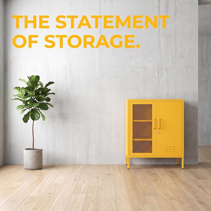 Locking Steel Storage Cabinet Shoe Cabinet for Living Room Bathroom Kitchen Left Wire Mesh Door Right Iron Door Yellow Size：33" H x 29.5" W x 13.8" D