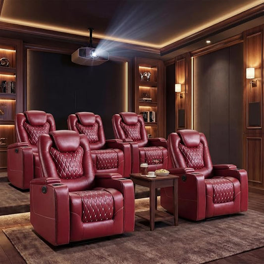ANJ Power Recliner Chair Set of 5, Electric Soft Faux Leather Reclining Home Theater Seating - USB Ports, Cup Holders, Hidden Arm Storage Movie & Media Room Chairs (Red)