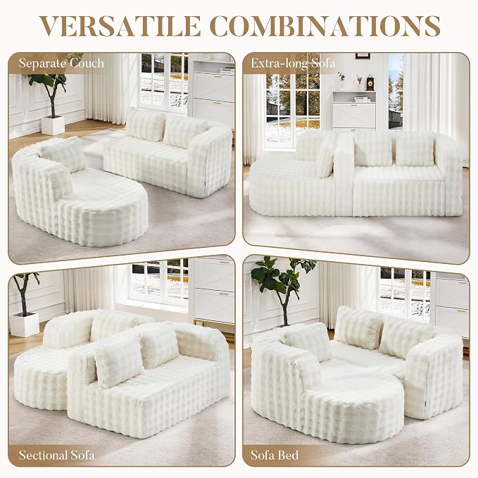 Hobestluk Modular Sectional Sofa Couches L-Shape Couch 3 Seat Modular Sofa Memory Foam Sectional Couches for Living Room, Cloud Couch (Round Eider White, 96", Left Hand Facing)