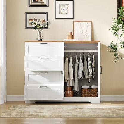 GarveeHome Multifunctional Wooden Dresser for Bedroom, 43.3 in H 2 Door Wardrobe Armoire Closet with 4 Drawers and Hanging Rod, Low Storage Cabinet for Hanging Cloth, White