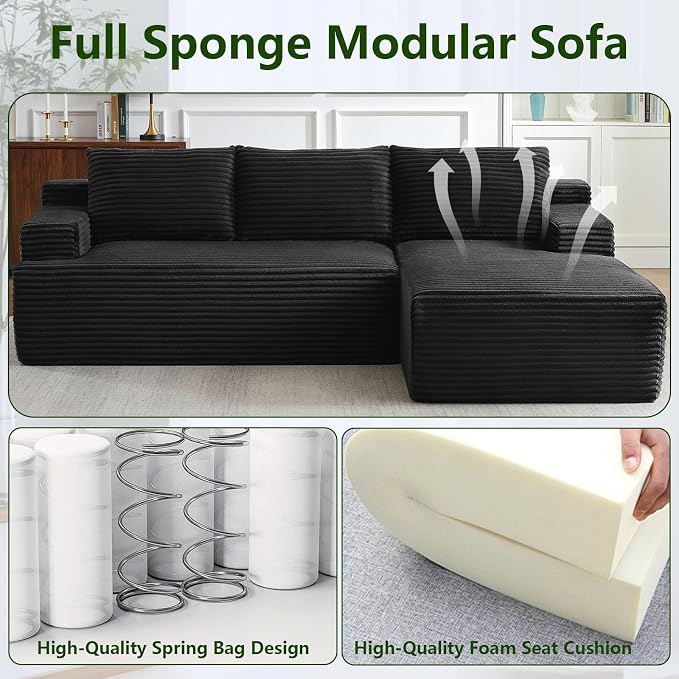 96" Modular Sectional Sofa, Modern Corduroy Cloud Couch with Side Pockets, Boneless Couch Upholstered 3-Seater L-Shaped Sofa for Living Room, No Assembly Required (Black, Right-Facing Chaise)