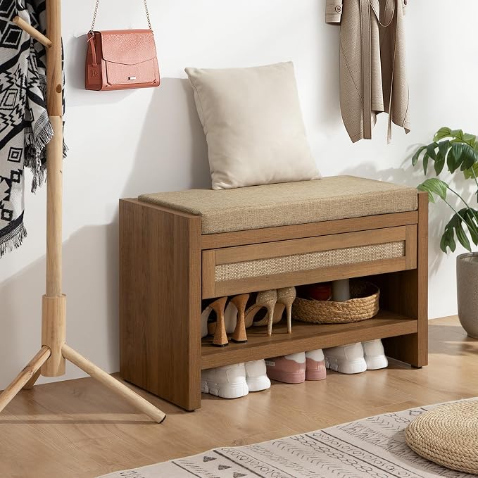 SICOTAS Rattan Shoe Bench Entryway Bench with Storage Drawer and Linen Seat Cushion, Farmhouse Boho Shoe Rack with Shelf, Wooden Storage Bench for Entryway Hallway and Bedroom, Caramel Oak, 2PCS
