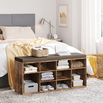 DINZI LVJ Shoe Storage Bench with Cushion, Cubby Shoe Rack with 12 Cubbies, Adjustable Shelves, Multifunctional Shoe Organizer Bench for Entryway, Mudroom, Hallway, Closet and Garage, Rustic Brown