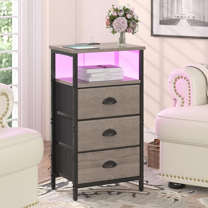 sthmec Nightstand with Charging Station,LED Nightstand with 3 Fabric Drawers, Bedside End Tables, 2-Tier Open Storage Shelf, Side Table Nightstand with Drawers for Bedroom,Grey