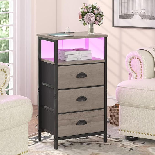 sthmec Nightstand with Charging Station,LED Nightstand with 3 Fabric Drawers, Bedside End Tables, 2-Tier Open Storage Shelf, Side Table Nightstand with Drawers for Bedroom,Grey