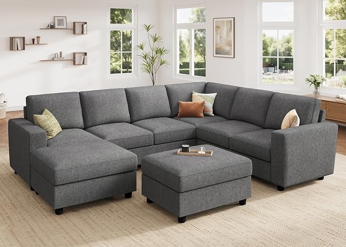 HONBAY Sectional Couch with Storage, U Shaped Sectional Sofa, 8 Seater Sectional Couch for Living Room, Light Grey