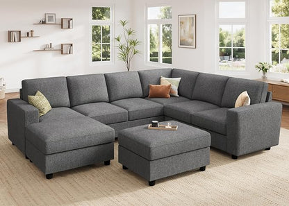 HONBAY Sectional Couch with Storage, U Shaped Sectional Sofa, 8 Seater Sectional Couch for Living Room, Light Grey
