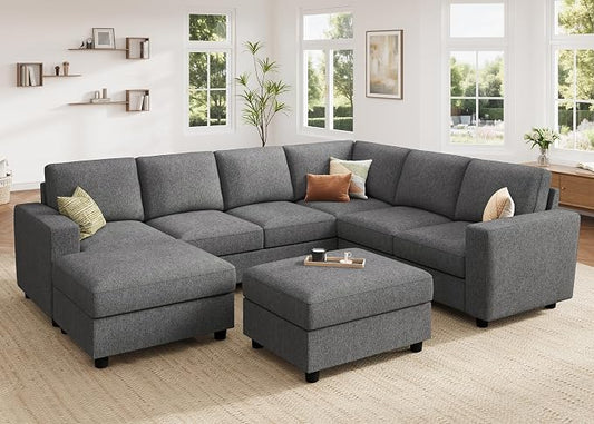 HONBAY Sectional Couch with Storage, U Shaped Sectional Sofa, 8 Seater Sectional Couch for Living Room, Light Grey