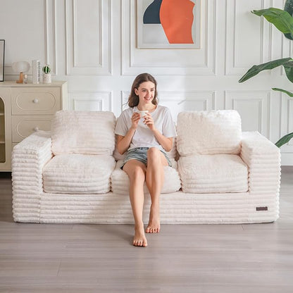 MAXYOYO 3-Seater Boneless Sofa Couch, Modern Faux Fur Sofa for Living Room, Soft Bean Bag Chair High-Density Foam Couch with Pillows, No Assembly Required
