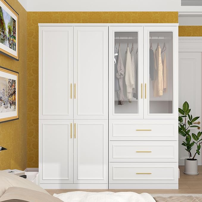 Timechee Almirah for Clothes Combination, White Wardrobe Closet Bedroom Storage Cabinets with Tempered Glass Doors and Shelves, Armoire with Drawers, Large Standing Wardrobe Storage Closet for Bedroom