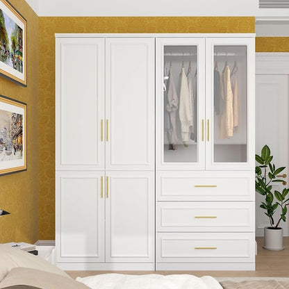 Timechee Almirah for Clothes Combination, White Wardrobe Closet Bedroom Storage Cabinets with Tempered Glass Doors and Shelves, Armoire with Drawers, Large Standing Wardrobe Storage Closet for Bedroom