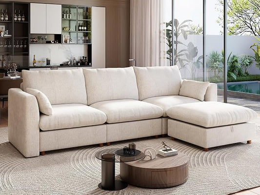 Ihanherry 117" Oversized Modular Sectional Sofa, Modern L Shaped Cloud Couch with Storage Ottoman, 4-Seat Comfy Chenille Deep Seat Sofa with 2 Pillows for Living Room, Beige