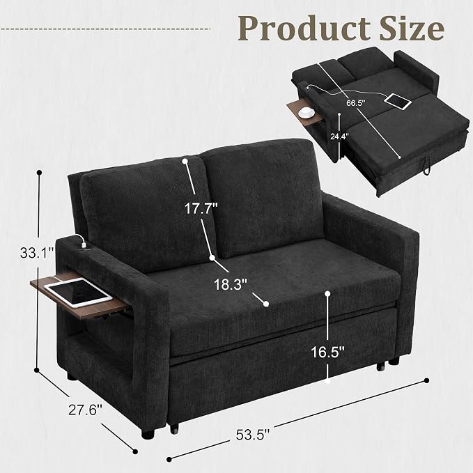 3 in 1 Folding Convertible Sleeper Sofa Bed Pull Out Couch with Side Pockets USB Port Side Table Loveseat Sofa Bed with Adjustable Backrest for Living Room Bedroom 66" Black 2 SEAT