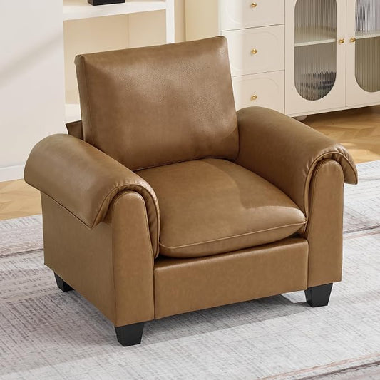 44.5" Faux Leather Single Sofa Sofa, Oversized Accent Chair with Curved Armrests, Cloud Modern Sofa Upholstered Deep Seat Reading Chair Armchair for Living Room, Bedroom，Light Brown
