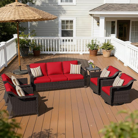 6 Pieces Patio Conversation Furniture Set - 1 Sofa, 2 Swivel Chairs, 2 Armchairs, 1 Side Table, Outdoor Wicker Furniture with Removable Cushions for Porch, Balcony, Sunroom (Red)