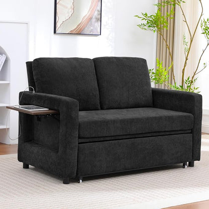 3 in 1 Folding Convertible Sleeper Sofa Bed Pull Out Couch with Side Pockets USB Port Side Table Loveseat Sofa Bed with Adjustable Backrest for Living Room Bedroom 66" Black 2 SEAT