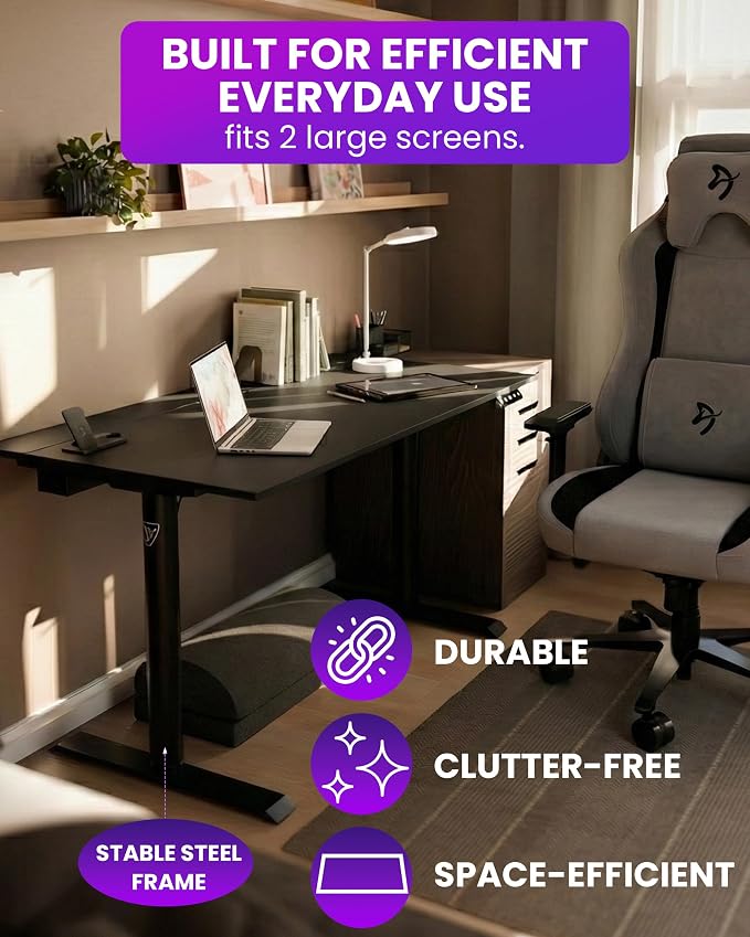 Arozzi Arena Nordico Gamer Desk – 55x27.6” Electric Standing Table – PC Gaming Desk with Storage for Cables - Dual Cable Baskets, Split Tabletop, Monitor Arm Friendly - Black